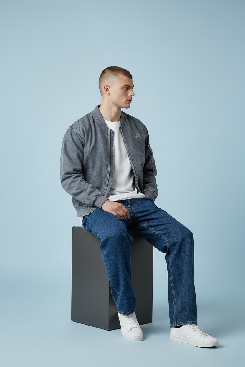 Jaqueta de jeans masculina da Artigo Importado, mostrada em detalhe com fecho, bolsos e acabamento em denim azul.